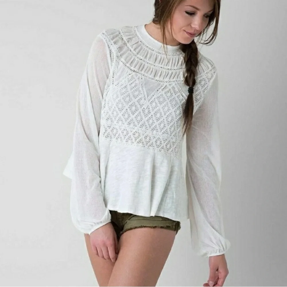 Free People High Neck English Rose Lace Peplum Long Balloon Sleeve Top
